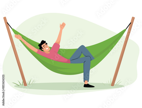 Male sleeping in hammock vector illustration smiling and relaxed perfect for outdoor summer leisure nature or relaxation themed creative artwork