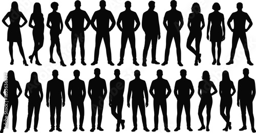 People silhouettes collection standing poses, men and women variety, diverse human characters set, lifestyle business crowd illustration vector