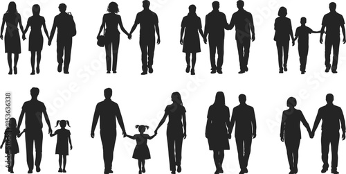 Family silhouette vector, parents and children walking, black clipart figures, diverse group poses, isolated people illustration set