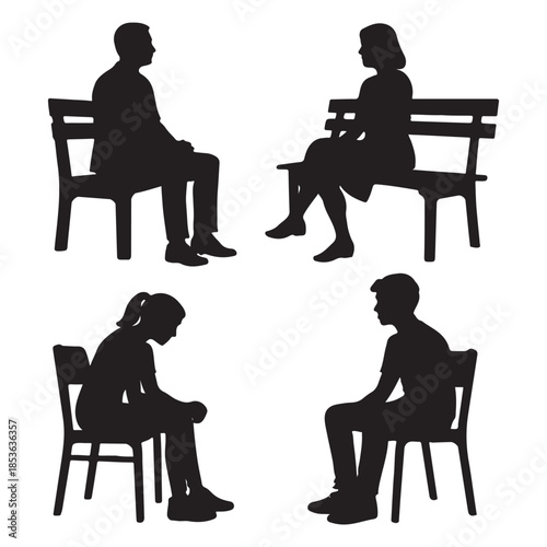 Silhouettes of Men, Women, and Teenagers Sitting on Benches and Chairs