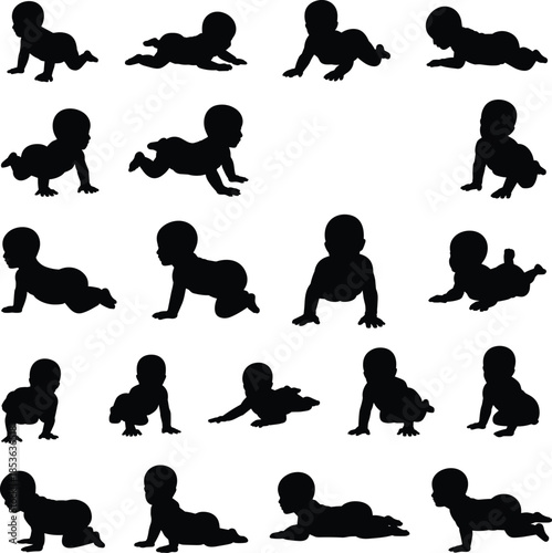 Baby crawling silhouettes collection, infant movement poses, child development stages, newborn activity, cute toddler actions, parenting and growth concept