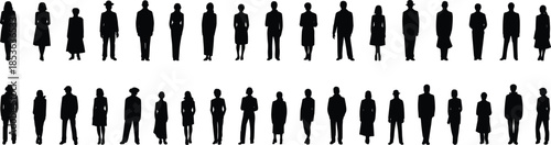 Standing people silhouette collection, men and women formal and casual poses, business crowd black vector human figures isolated background