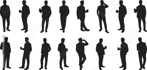 Business men silhouette set holding coffee cups, standing professional poses collection, black vector male figures isolated on white background