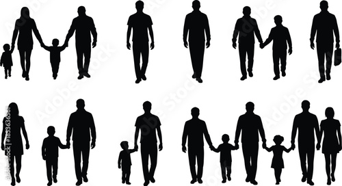 Family people silhouette set walking together, parents and children holding hands, everyday life scenes black vector figures isolated