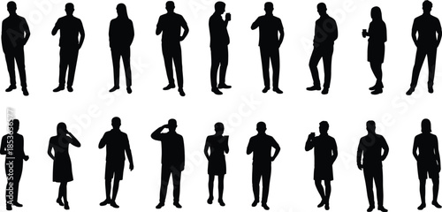 Standing people silhouette set with coffee and phone gestures, men and women casual poses, black vector human figures isolated