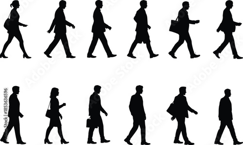 Walking business people silhouette set, men and women side view commuting poses, urban professional lifestyle black vector figures isolated