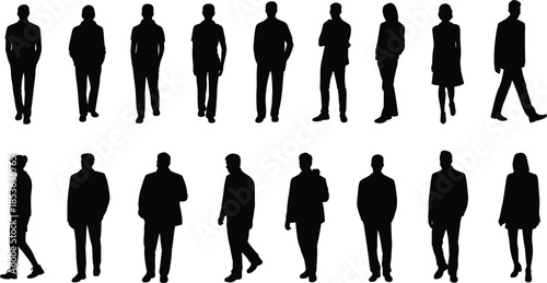 Standing and walking business people silhouette set, men and women professional poses, black vector human figures isolated on white background