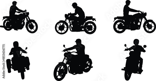 Motorcycle rider silhouette set, man riding motorbike from multiple angles, biker transport action concept, black vector illustration isolated white background