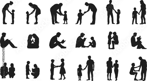 Family silhouettes with parents and children, bonding moments, caring gestures, reading and playing together, black human figures isolated on white background