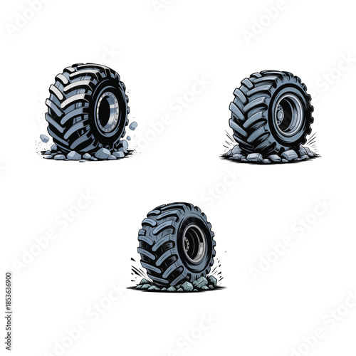 High Detail Vector Graphic of Oversized Off Road Tire with Aggressive Tread Crushing Boulders