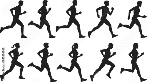 Running people silhouette set, men and women jogging and sprinting poses, athletic fitness activity black vector figures isolated background