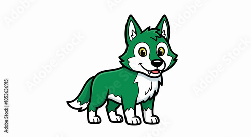 Cartoon wolf with green fur and white markings standing on a white background.