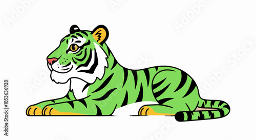 Illustration of a green tiger lying down with black stripes and yellow paws and ears.