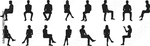 Seated posture silhouette vector, diverse sitting poses, black clipart figures, ergonomic gesture set, isolated people illustration