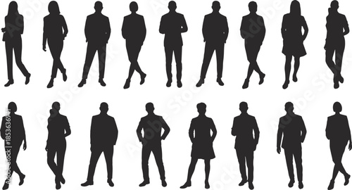 Standing business people silhouettes set isolated on white background, male and female professional poses collection for corporate, office, vector illustration