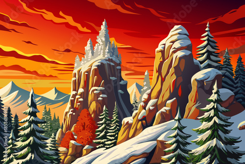 Snow covered cedar trees grow along a mountain slope, blending rugged terrain with evergreen textures and strong alpine winter atmosphere