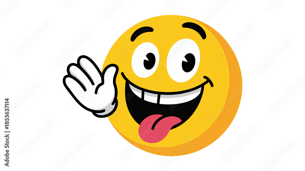 Fototapeta premium Playful emoji waving with tongue out on white background
