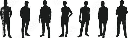 Standing men silhouette collection, different casual poses, full body male figures, black vector people set isolated white background