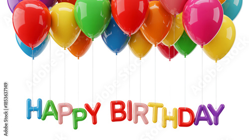 Vibrant balloons and Happy Birthday message on white background