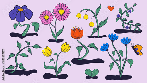 Doodle spring colorful flower elements. Cartoon isolated vector illustration.