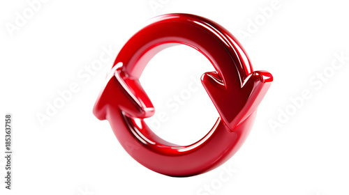 Red shiny circular arrows with reflective surface isolated on a transparent background
