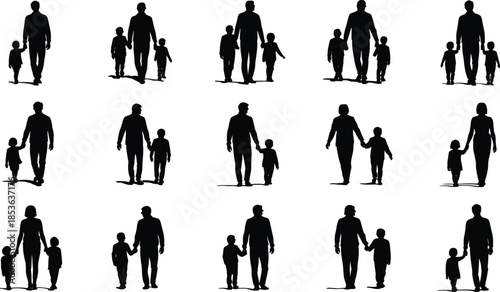 Father and child silhouettes walking together isolated on white background, family parenting poses collection for lifestyle design vector illustration set