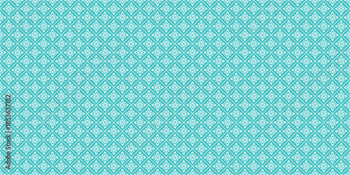 Elegant turquoise and white floral geometric pattern. Ornate diamond-shaped flower motifs for backgrounds, wallpapers, and textile designs.