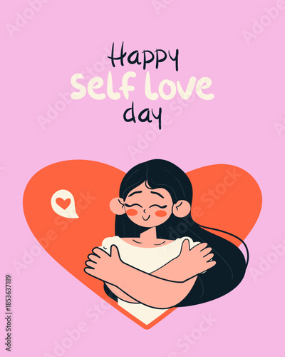 Сute Happy self love day greeting card with girl embraces herself. Doodle style vector illustration.