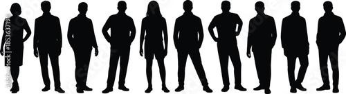 Standing people silhouettes lineup isolated white background male female figures collection for business lifestyle fashion design vector illustration stock usage