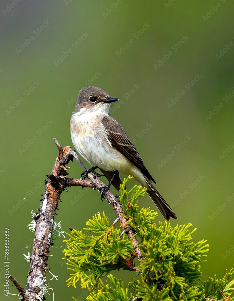 Fototapeta premium Perched songbird with brown head, gray back, and light belly. Sits on a branch with blurred green background