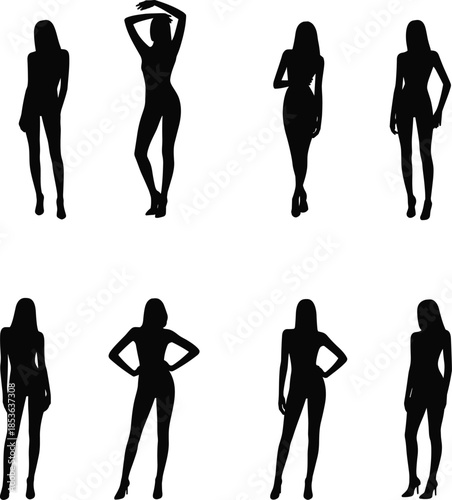 Elegant female silhouette standing poses set, fashion model women body shapes, black human figures isolated on white background