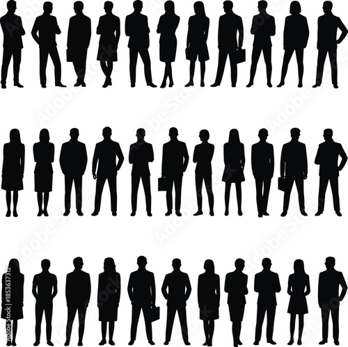 Business professional silhouette vector, diverse standing poses, black clipart set, formal attire figures, isolated people illustration