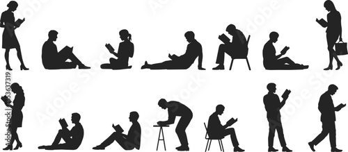 People reading books silhouette set, men and women studying, learning habits, education concept, knowledge lifestyle, library, student illustration vector