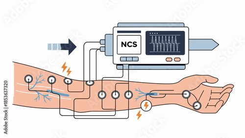 Nerve Conduction Study (NCS) medical diagnostic procedure illustration