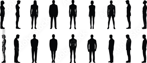 Male and female standing silhouettes, front side and back views, human body proportions, black people figures isolated on white background set