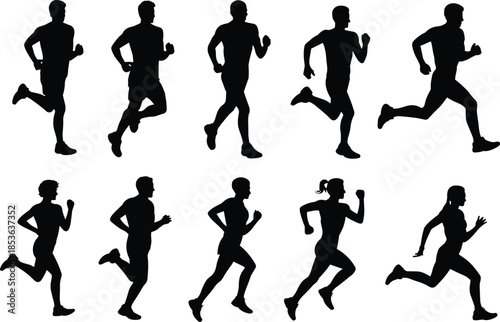 Running people silhouettes set isolated on white background, male and female jogger poses collection for fitness, sport, vector illustration