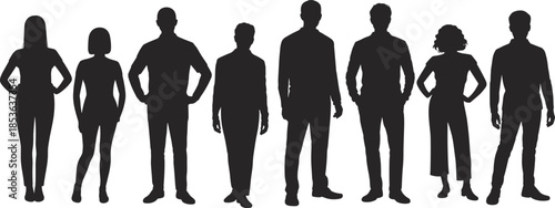 Group of diverse people silhouettes standing together, human figures, teamwork concept, community diversity, leadership, inclusion, social unity, professional crowd illustration
