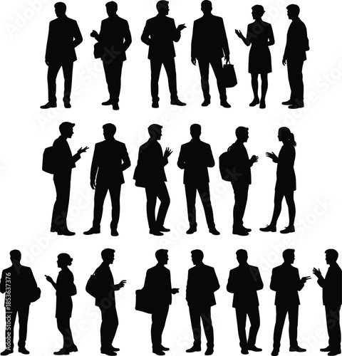 Business people silhouette conversation set, men and women standing talking gestures, corporate professionals black figures isolated on white background