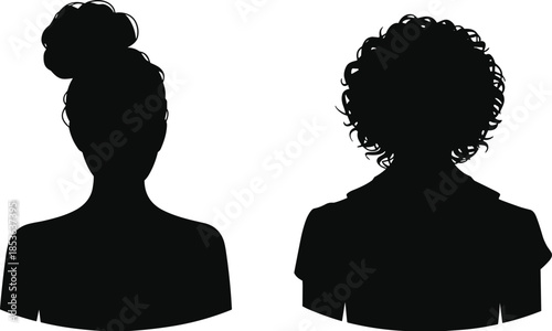Woman head silhouette profiles, female hairstyle front and back views, black human portrait vector illustration, beauty fashion identity concept, isolated on white background