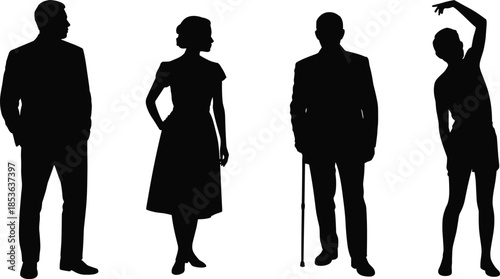 People silhouettes standing poses, men women and senior figures, diverse human characters, lifestyle business sport concepts illustration