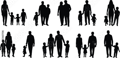 Family walking silhouette set, parents and children holding hands together, happy family life black vector people isolated on white background