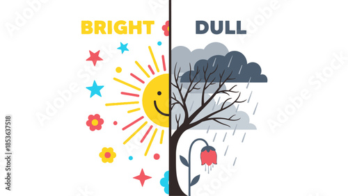 Concept of opposites illustration showing Bright vs Dull with sun and rainy clouds.