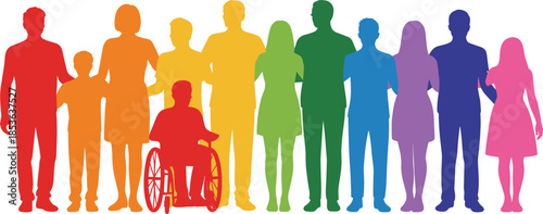 Diverse people silhouette group, colorful human figures including wheelchair user, inclusion equality concept, community diversity illustration isolated white