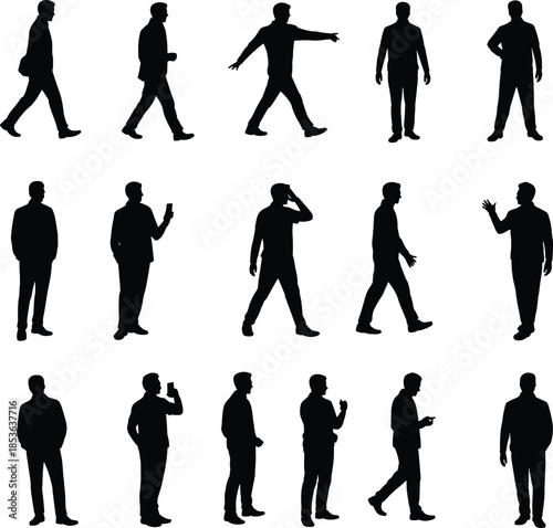Standing and walking men silhouette set, casual male gestures and poses collection, black vector human figures isolated on white background