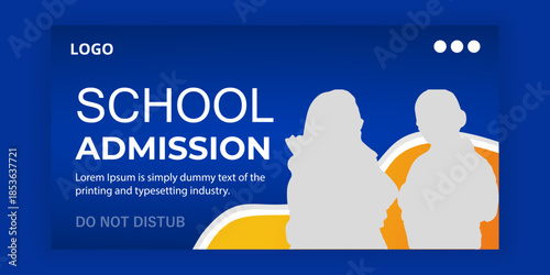 School Admission Banner with Smiling Kids Holding Books on Blue Background.