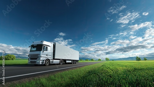 A large, modern white truck drives along an asphalt road through a vibrant green landscape