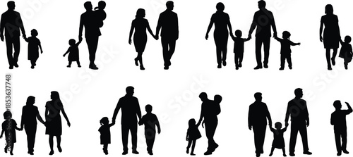 Family people silhouette set walking together, parents carrying and holding children hands, happy family lifestyle black vector figures isolated