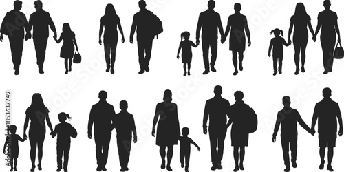 Family walking silhouette collection, parents and children holding hands together, happy family lifestyle black vector people isolated on white background