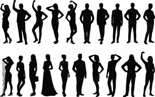 Collection of male and female standing silhouettes, confident poses, business and fashion people figures, isolated black silhouettes on white background