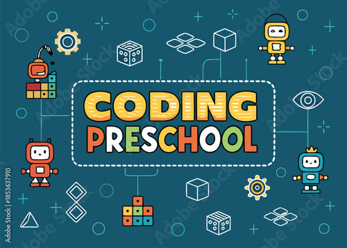 Fun coding preschool concept with cute robots for kids learning, ideal for educational materials, curriculum design, or children's technology products